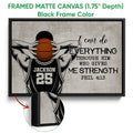 Black framed basketball canvas wall art featuring an illustrated player and bold inspirational typography