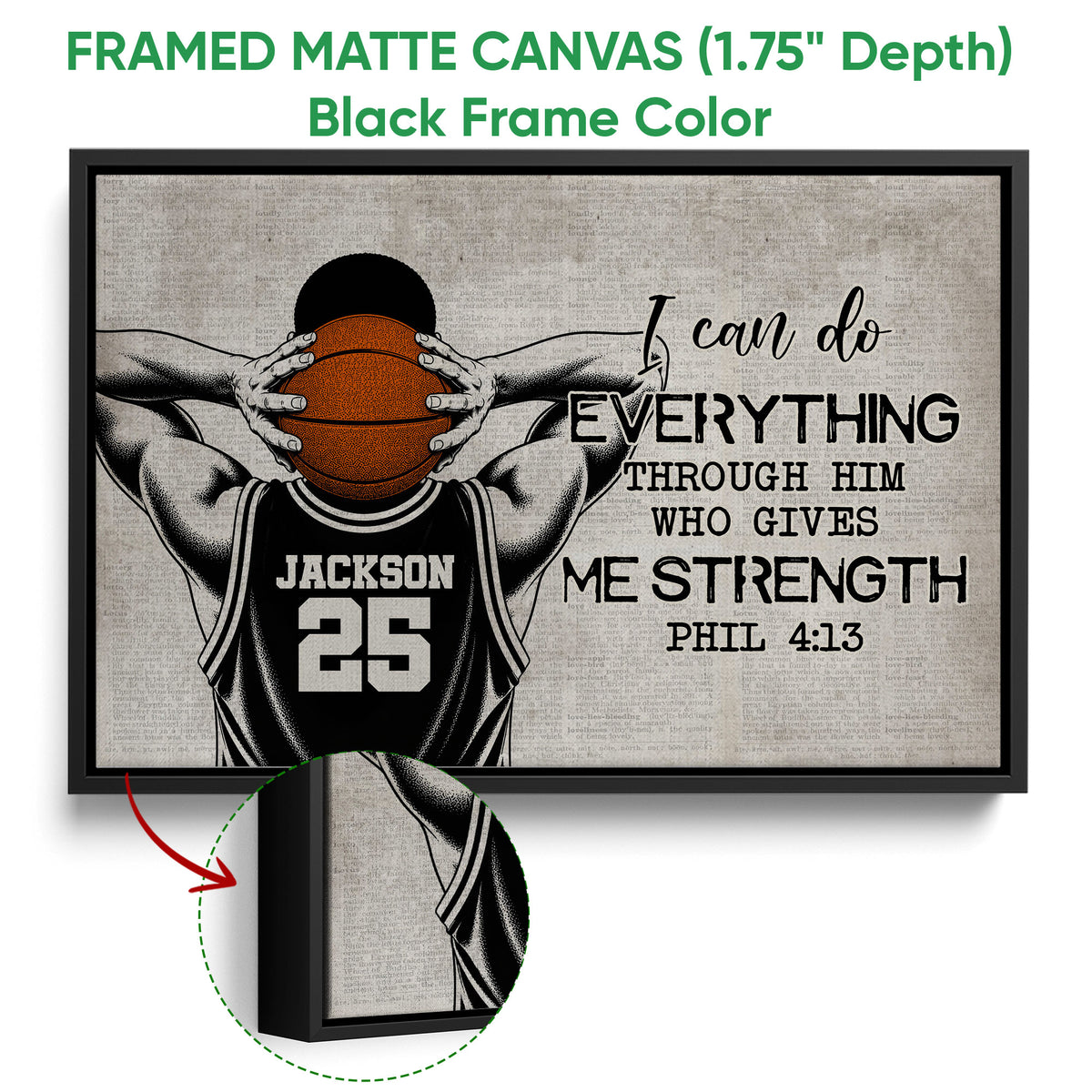 Black framed basketball canvas wall art featuring an illustrated player and bold inspirational typography