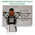 White framed basketball canvas wall art with an illustrated player, orange ball, and inspirational scripture