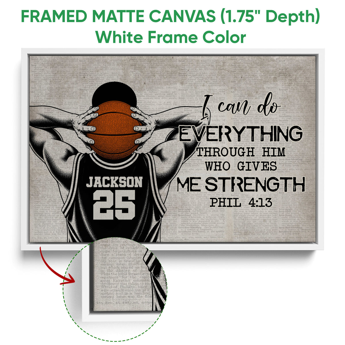White framed basketball canvas wall art with an illustrated player, orange ball, and inspirational scripture