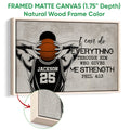 Natural wood framed basketball wall art featuring an illustrated player and vintage-inspired typography