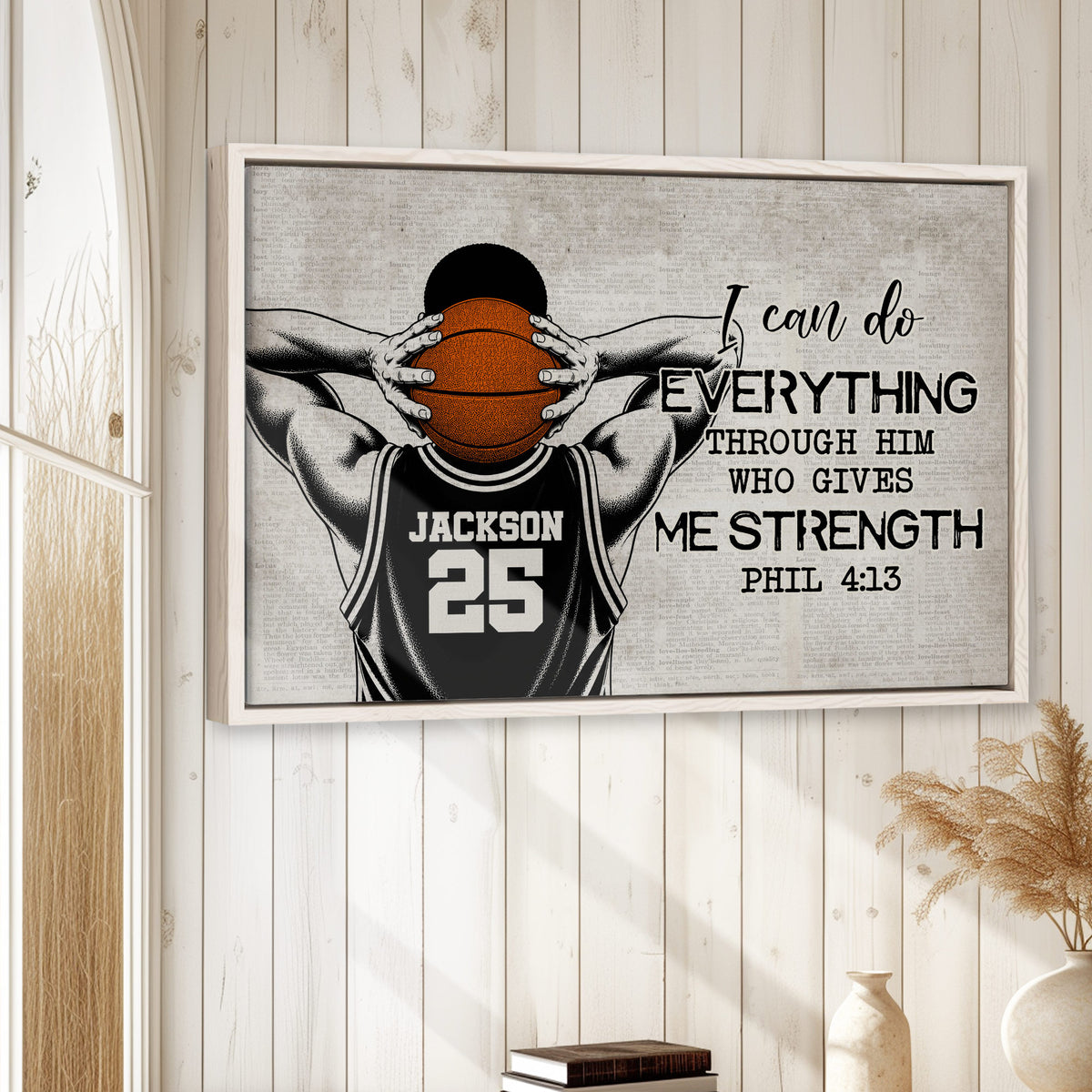 Framed basketball wall art displayed on a light wood-paneled wall in a bright home interior