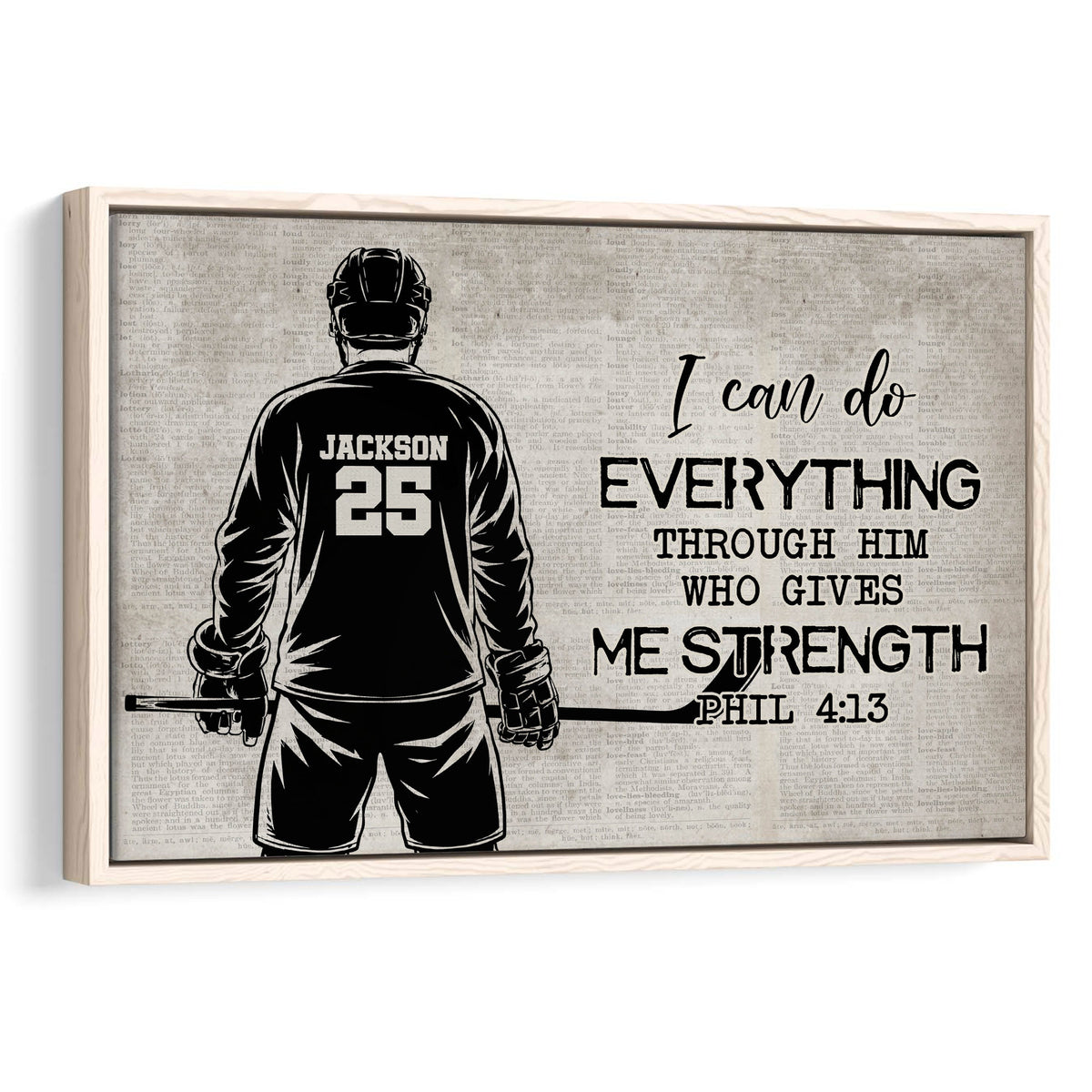 Framed hockey wall art showing a player from behind with a stick and inspirational message
