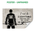 Unframed hockey poster featuring a player from behind, hockey stick, and faith-inspired message