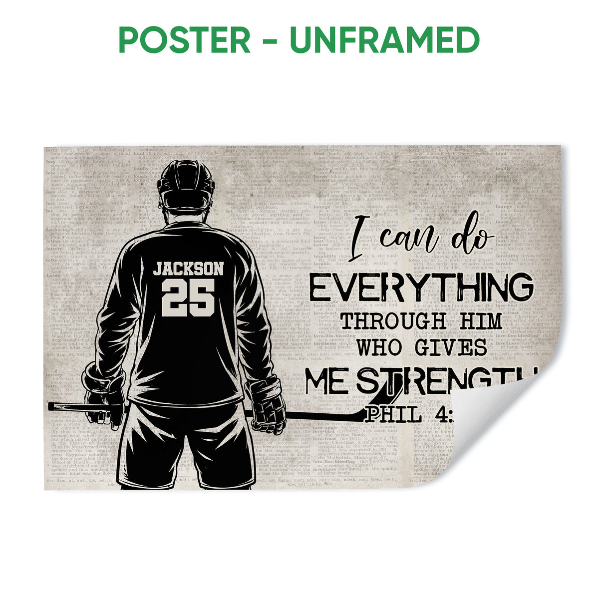 Unframed hockey poster featuring a player from behind, hockey stick, and faith-inspired message