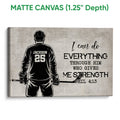 Matte canvas hockey wall art with a back-view player, stick, and vintage typography background