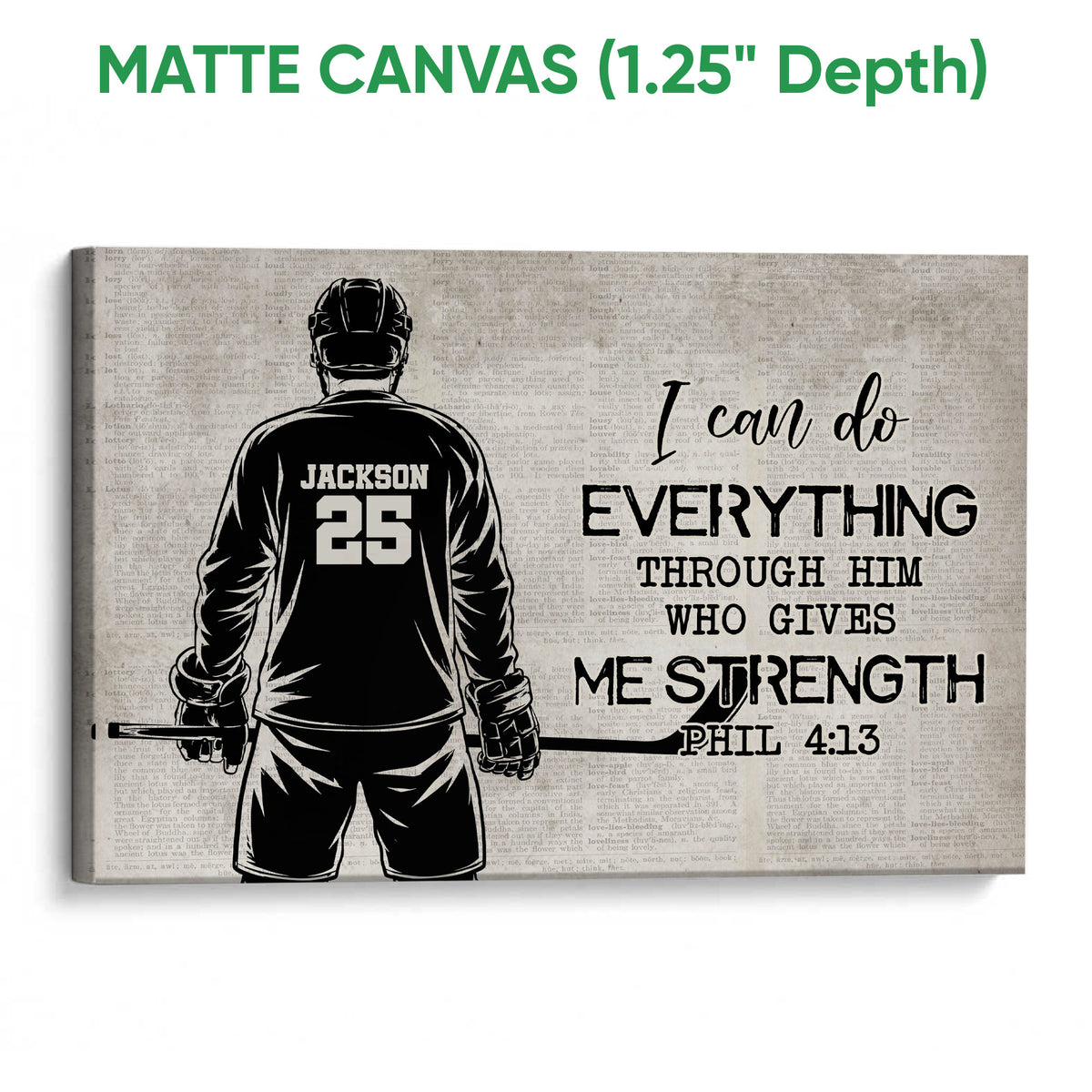Matte canvas hockey wall art with a back-view player, stick, and vintage typography background