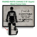 Hockey wall art shown in a black framed canvas with detailed player and stick artwork