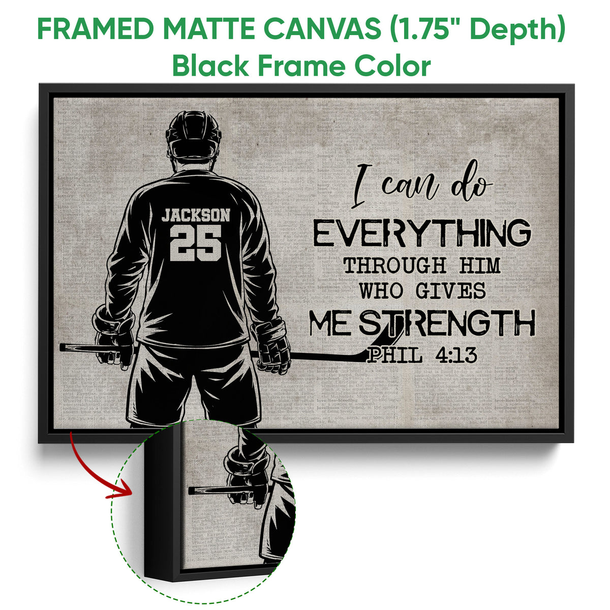 Hockey wall art shown in a black framed canvas with detailed player and stick artwork