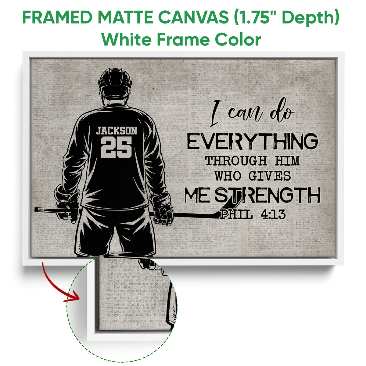 Hockey wall art shown in a white framed canvas with an inspirational sports design