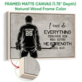 Hockey wall art shown in a natural wood framed canvas against a light background