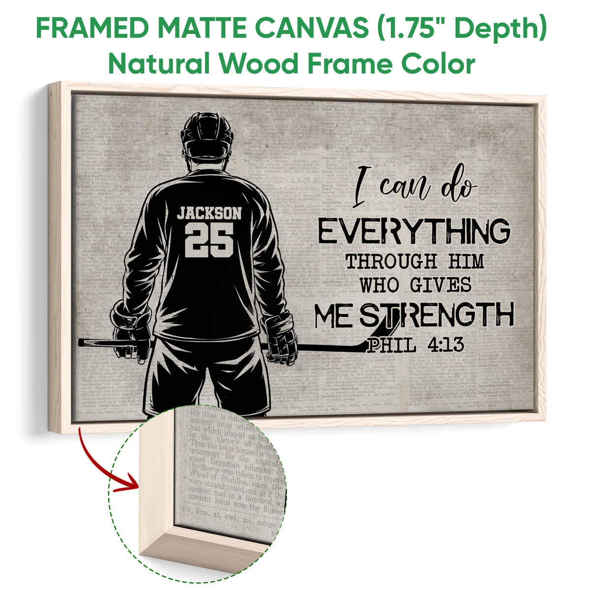 Hockey wall art shown in a natural wood framed canvas against a light background