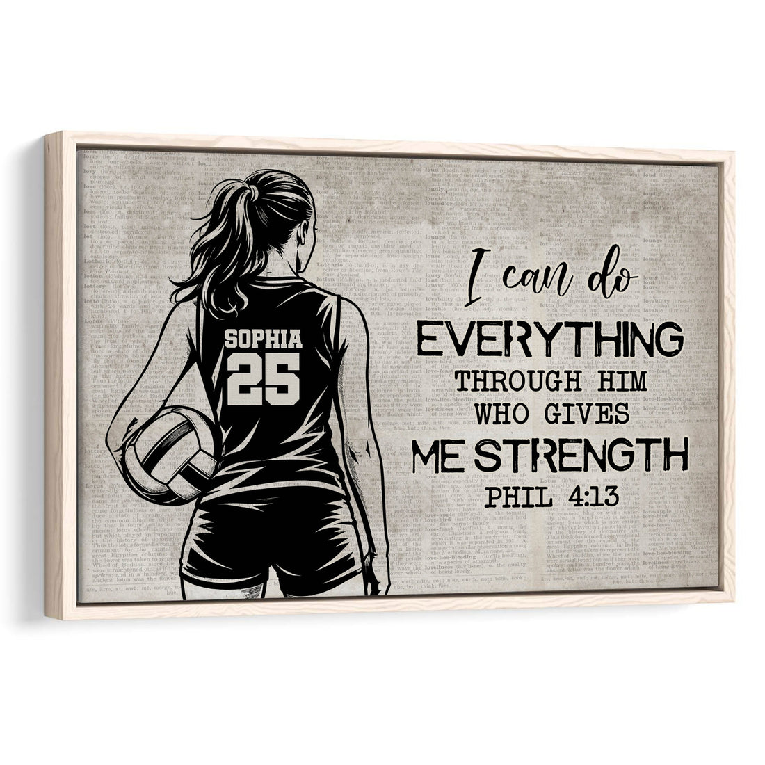 Framed volleyball wall art featuring a player holding a volleyball beside an inspirational message