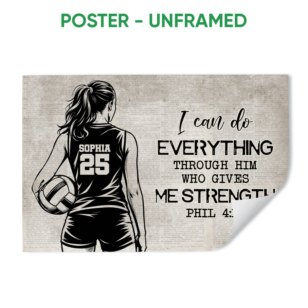 Unframed volleyball poster featuring a player holding a volleyball and an inspirational faith message