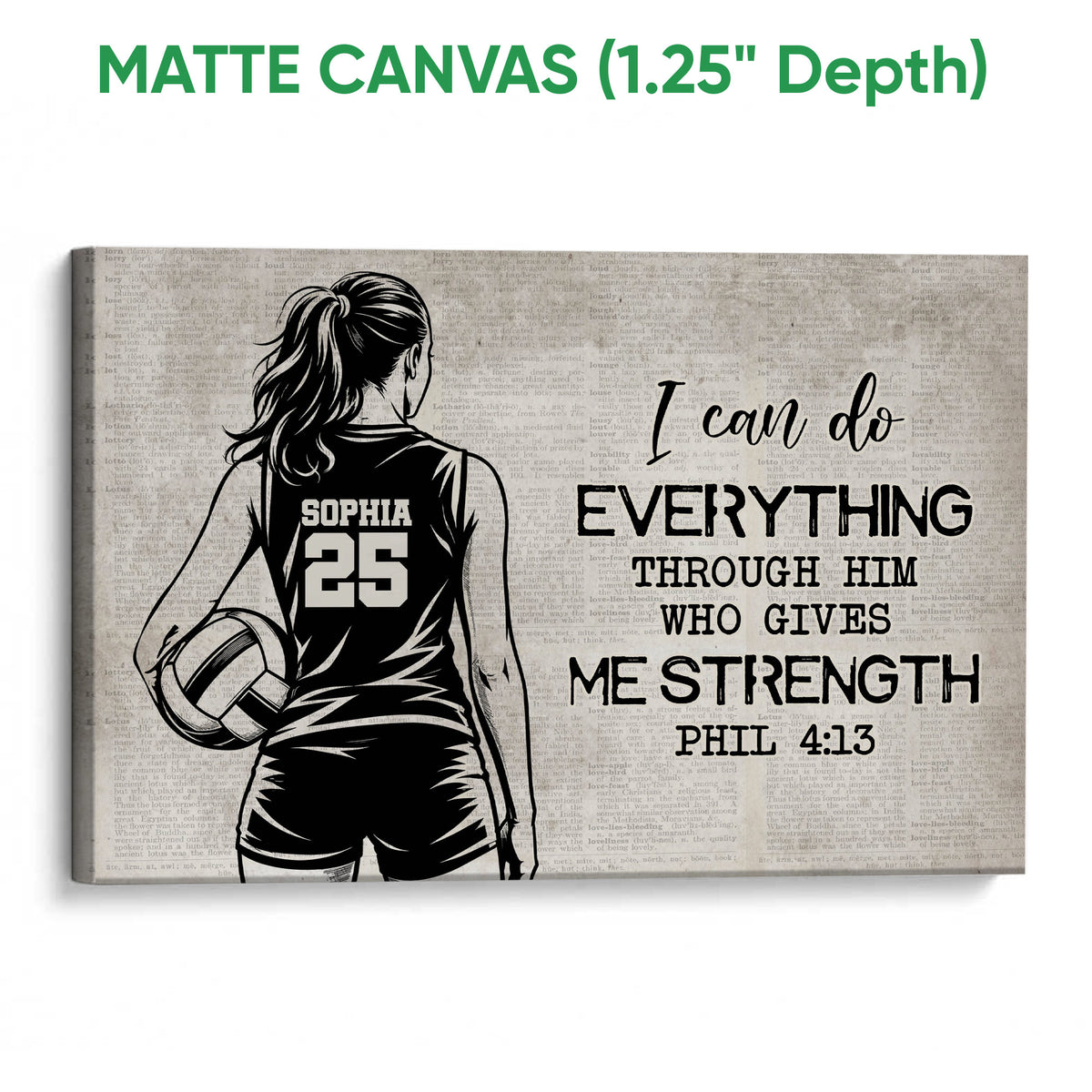Matte canvas volleyball wall art showing a player with a volleyball and bold inspirational typography