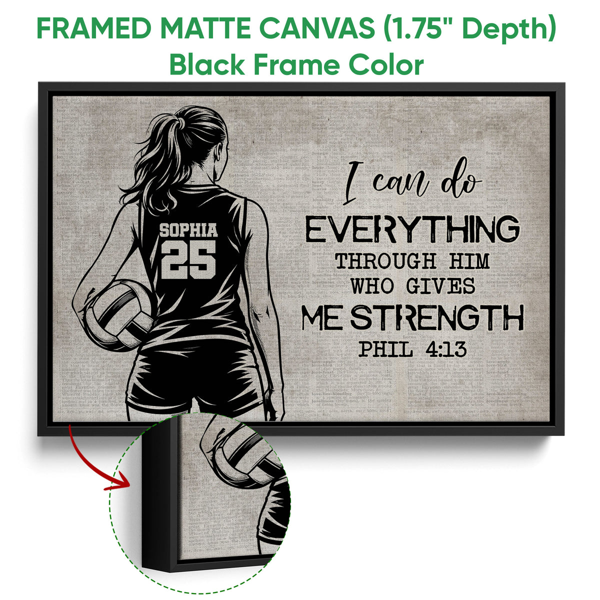 Black framed canvas volleyball wall art with a player illustration and motivational message