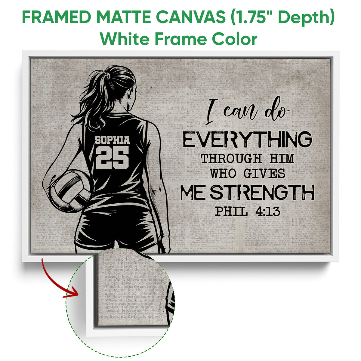White framed canvas volleyball wall art with a player illustration and inspirational sports message