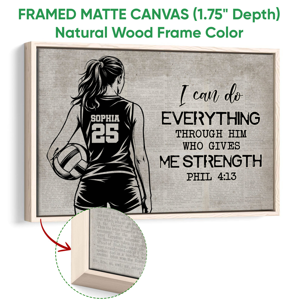 Natural wood framed volleyball wall art featuring a player holding a volleyball