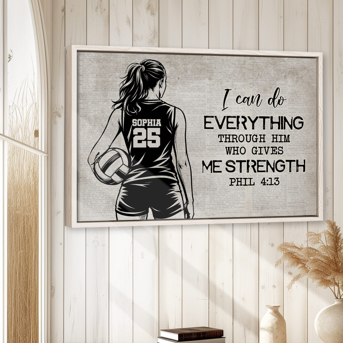 Framed volleyball wall art displayed in a bright room with white wood paneling