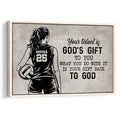 Framed volleyball wall art with a female player silhouette, volleyball, faith-inspired message, and vintage text background