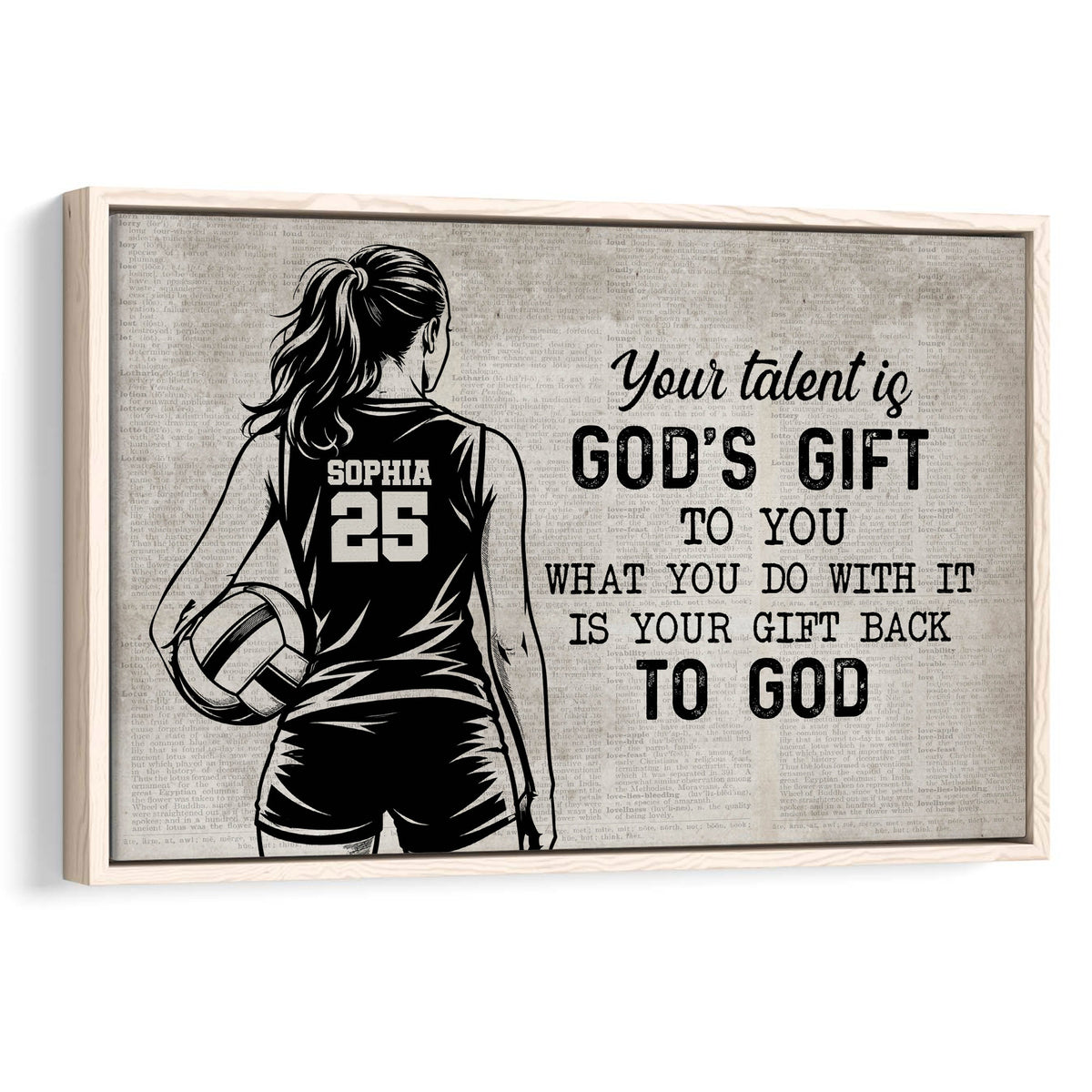 Framed volleyball wall art with a female player silhouette, volleyball, faith-inspired message, and vintage text background