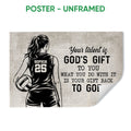Unframed volleyball poster featuring a female player silhouette, volleyball, inspirational faith message, and vintage background