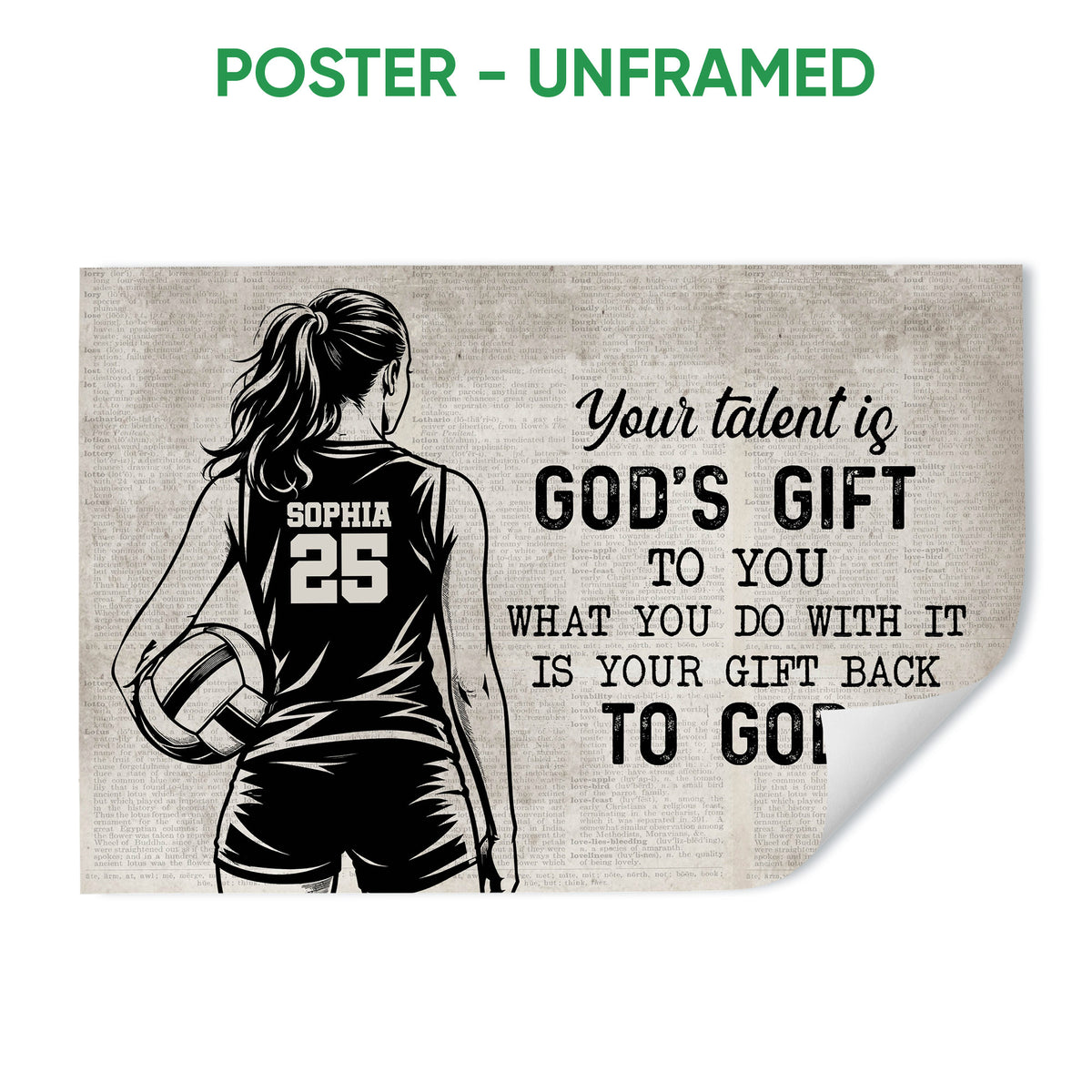 Unframed volleyball poster featuring a female player silhouette, volleyball, inspirational faith message, and vintage background