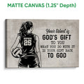 Matte canvas volleyball wall art with a female player silhouette, volleyball, bold black text, and vintage dictionary background