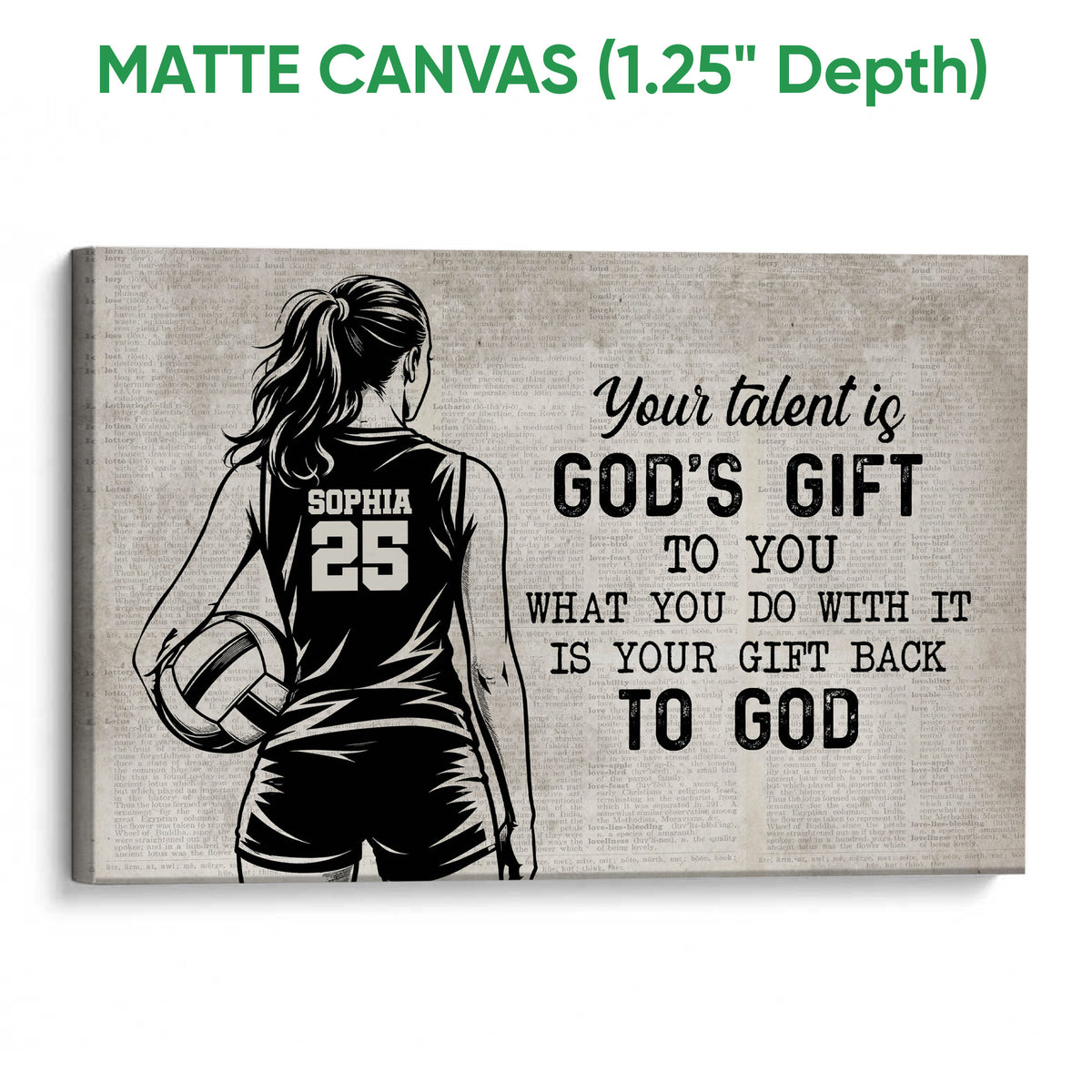 Matte canvas volleyball wall art with a female player silhouette, volleyball, bold black text, and vintage dictionary background