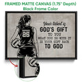 Black framed volleyball canvas wall art with a female player silhouette, volleyball, and inspirational faith message