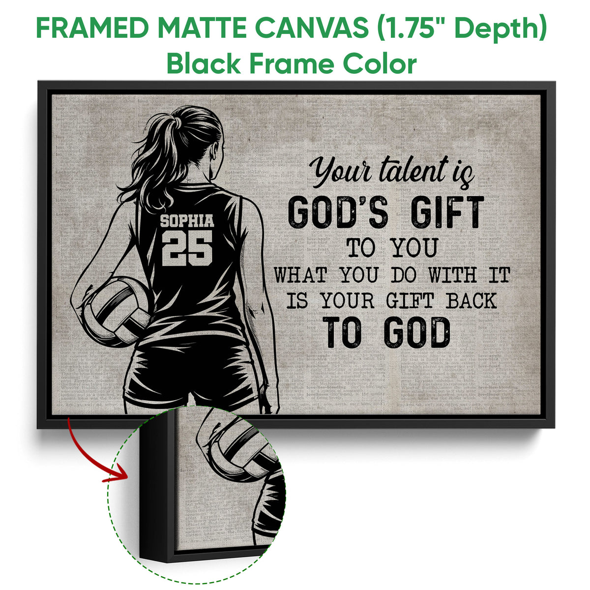 Black framed volleyball canvas wall art with a female player silhouette, volleyball, and inspirational faith message