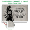 White framed volleyball canvas wall art with a female player silhouette, volleyball, and inspirational faith message