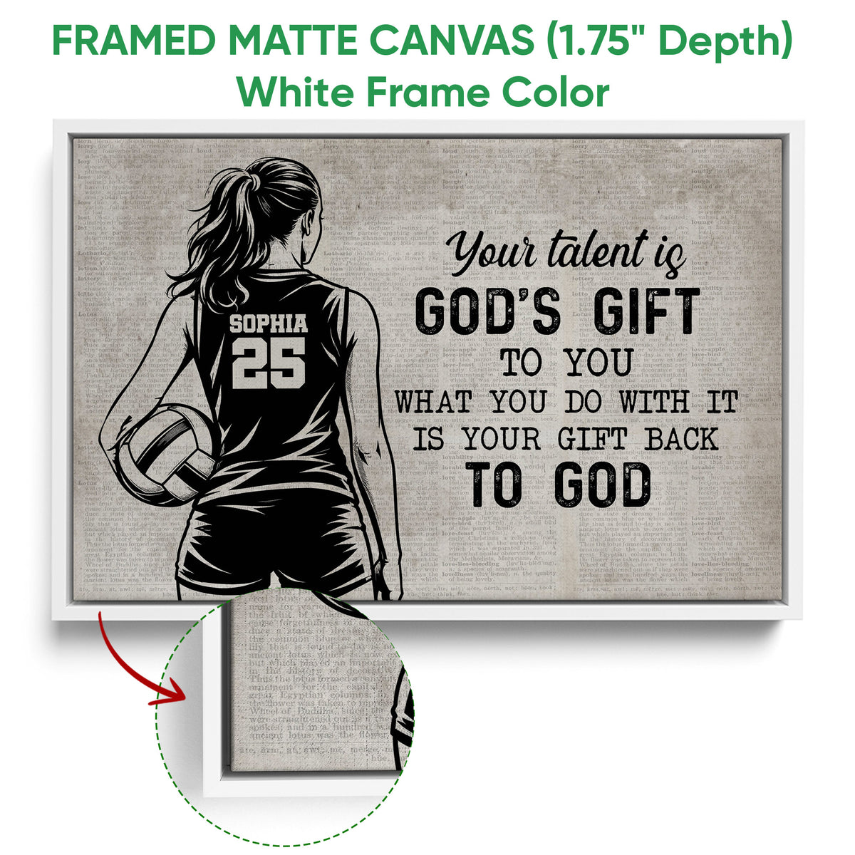 White framed volleyball canvas wall art with a female player silhouette, volleyball, and inspirational faith message
