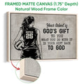 Natural wood framed volleyball wall art featuring a female player silhouette, volleyball, and faith-inspired message