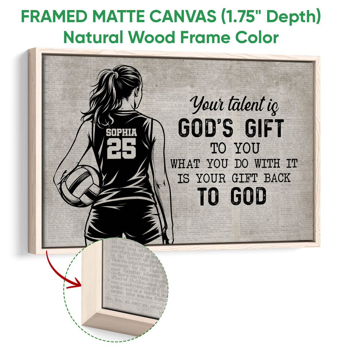 Natural wood framed volleyball wall art featuring a female player silhouette, volleyball, and faith-inspired message