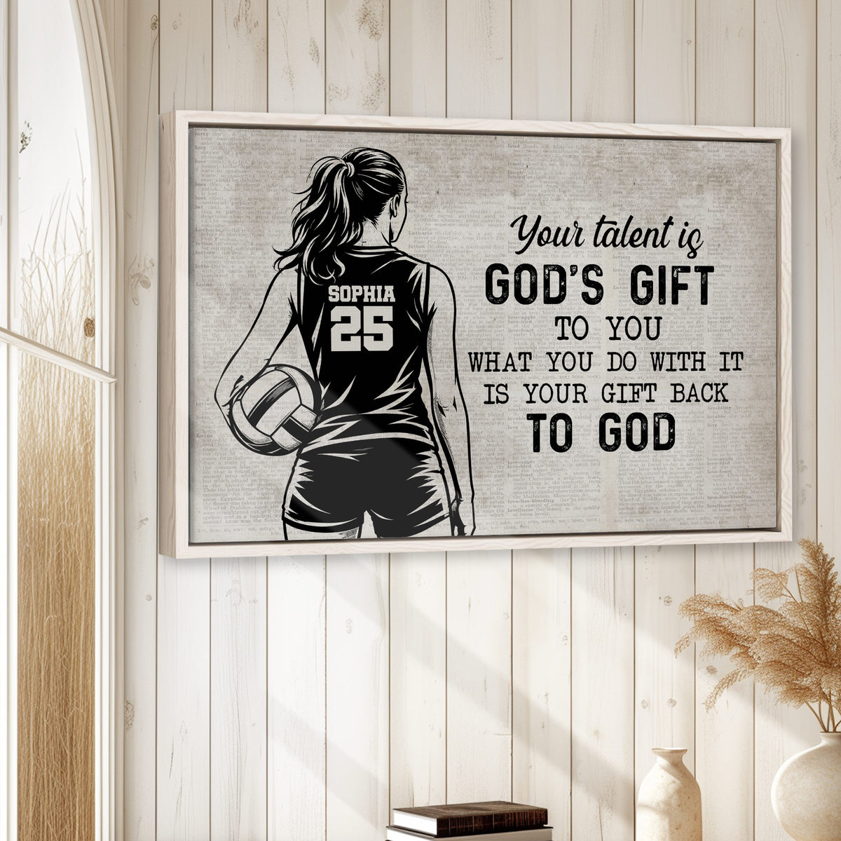 Framed volleyball wall art displayed on a light wood-paneled wall in a bright home interior