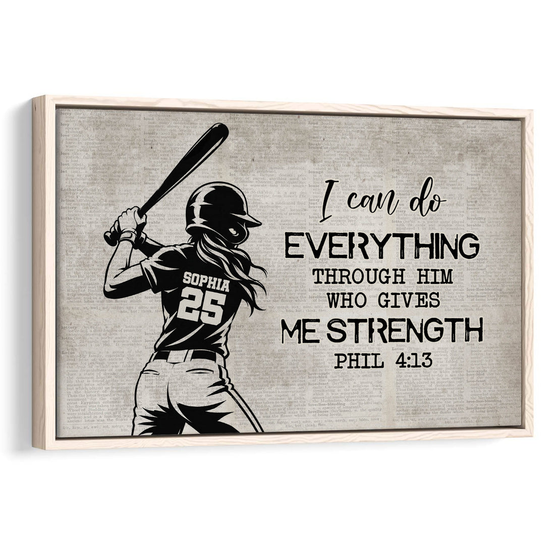 Framed softball wall art featuring a batter silhouette and inspirational message on a vintage text background
