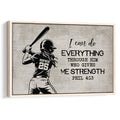 Framed softball wall art featuring a batter silhouette and inspirational message on a vintage text background