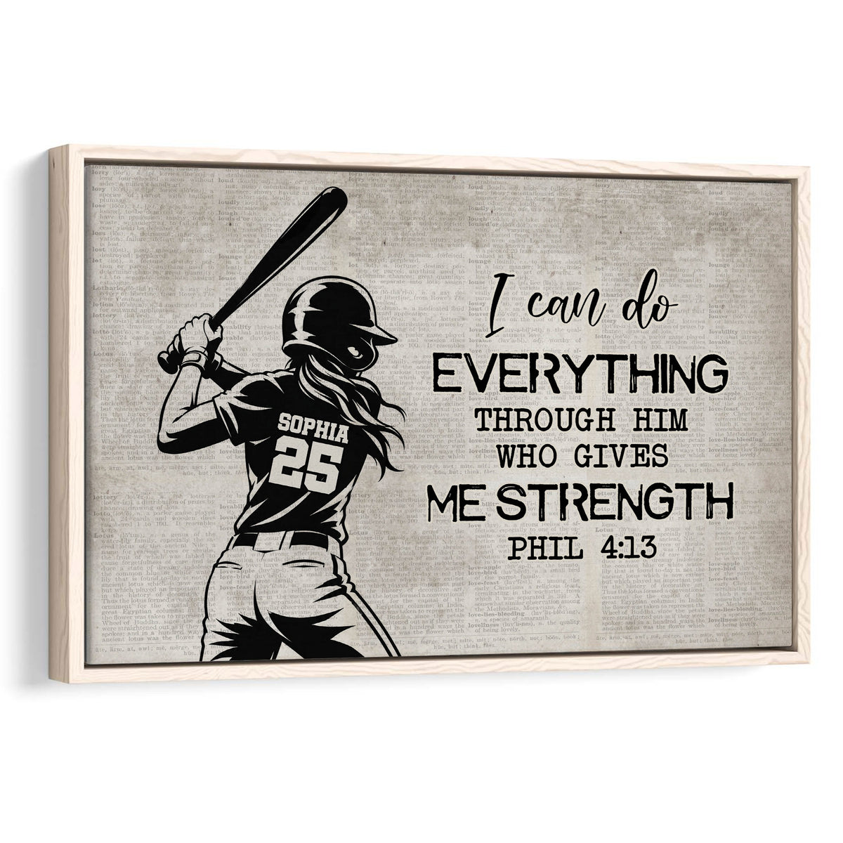 Framed softball wall art featuring a batter silhouette and inspirational message on a vintage text background
