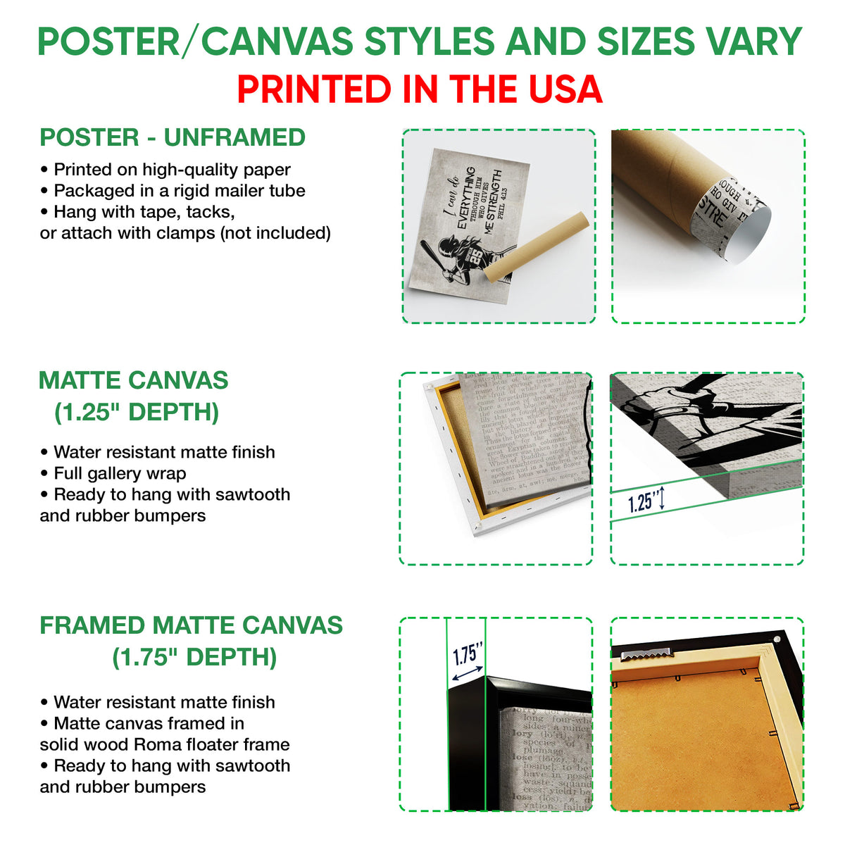 Poster and canvas wall art format guide showing unframed poster, matte canvas, and framed canvas options