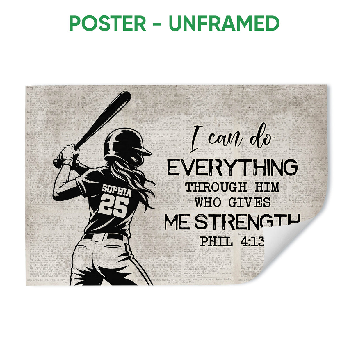 Unframed softball poster with a batter silhouette, vintage dictionary-style background, and motivational design