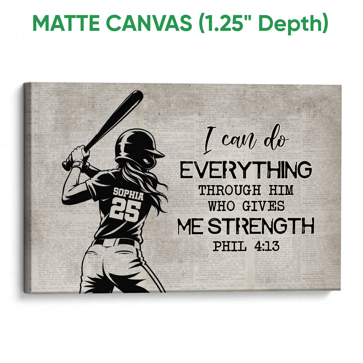 Matte canvas softball wall art showing a batter silhouette and inspirational lettering on a textured background