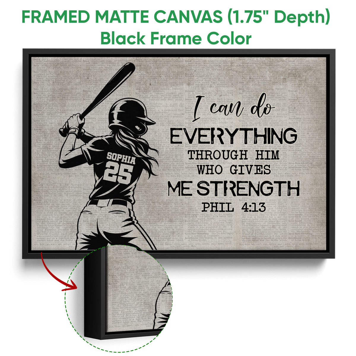 Black framed canvas softball wall art with a bold batter silhouette and motivational design