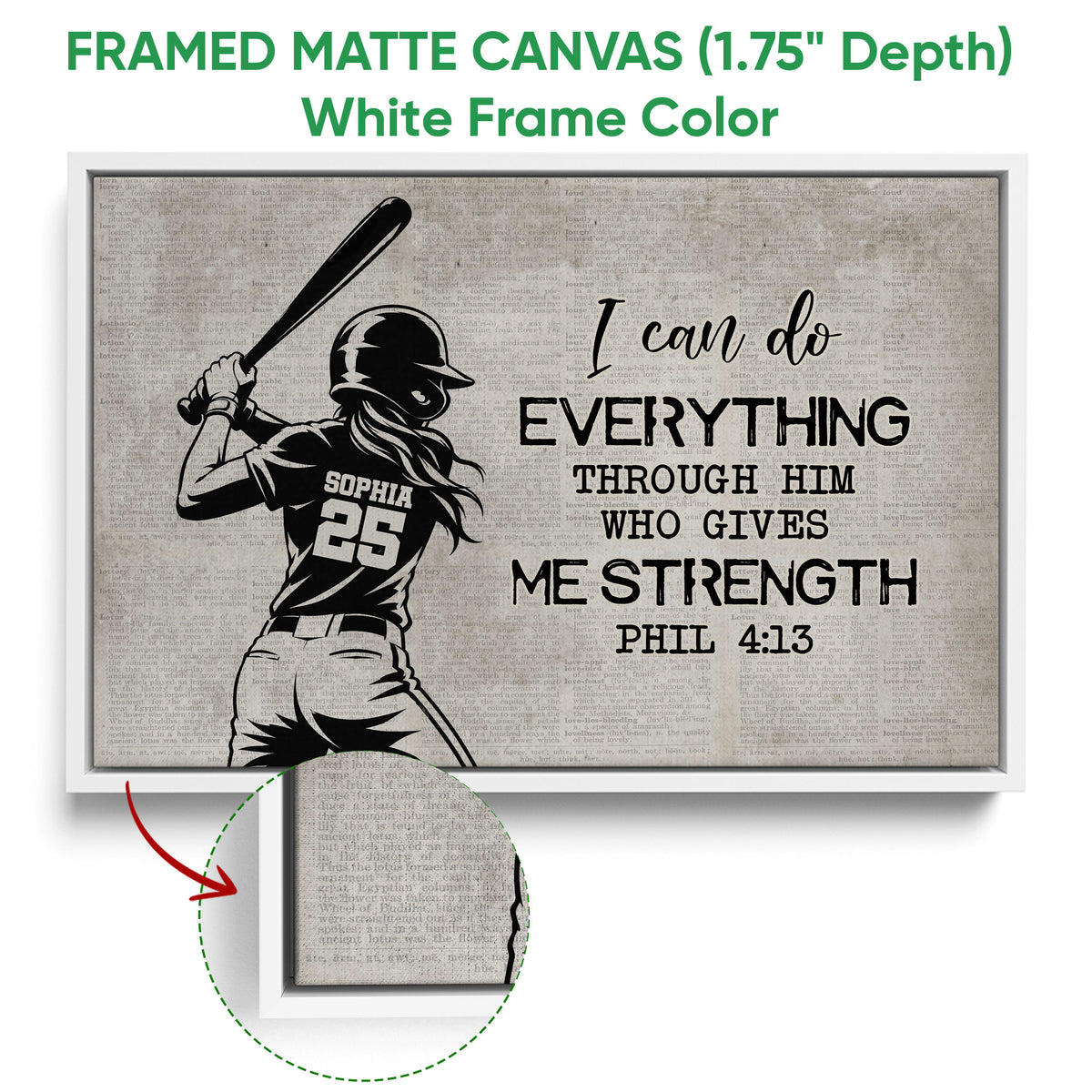 White framed canvas softball wall art featuring a batter silhouette and inspirational sports artwork