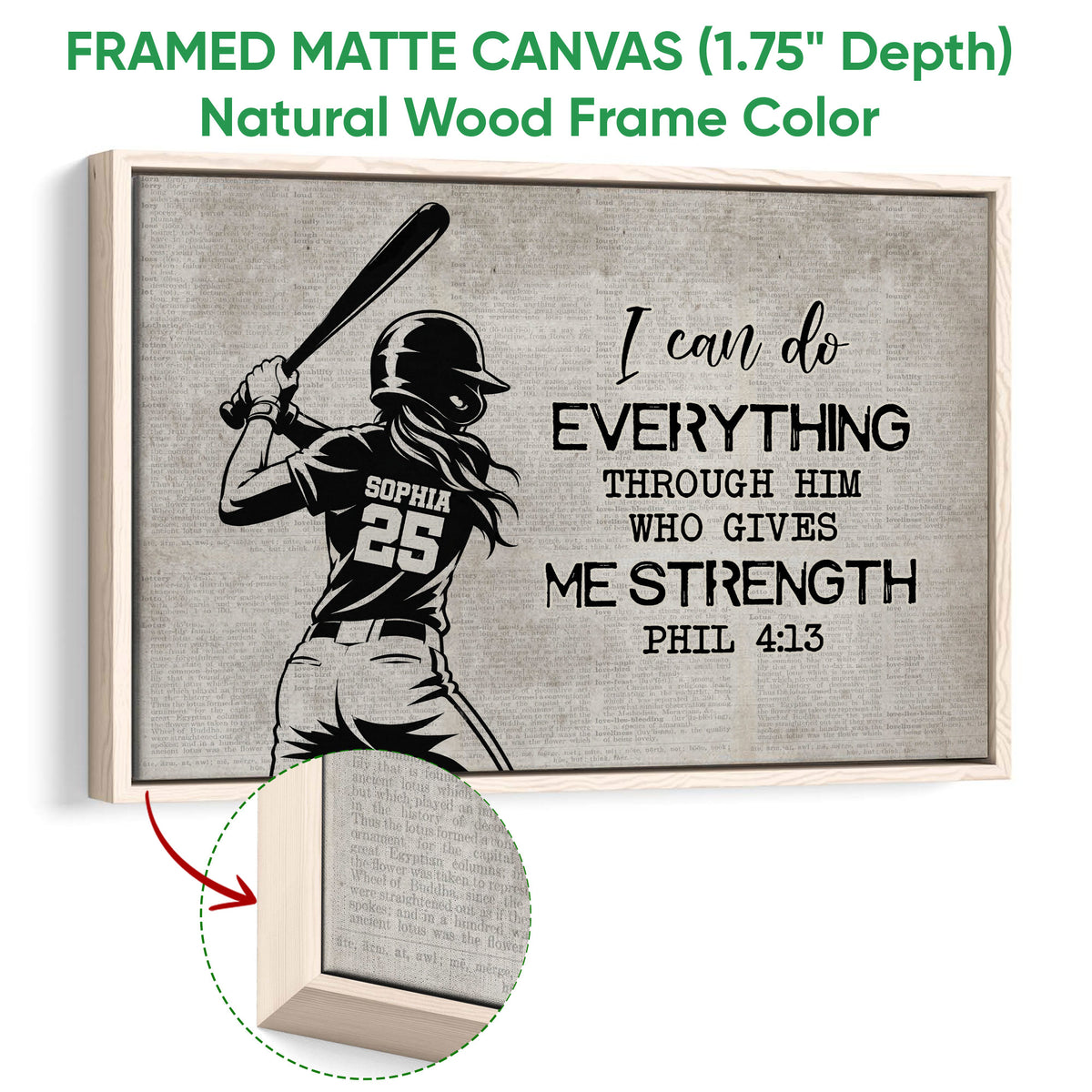 Natural wood framed softball canvas with a batter silhouette and motivational wall art design