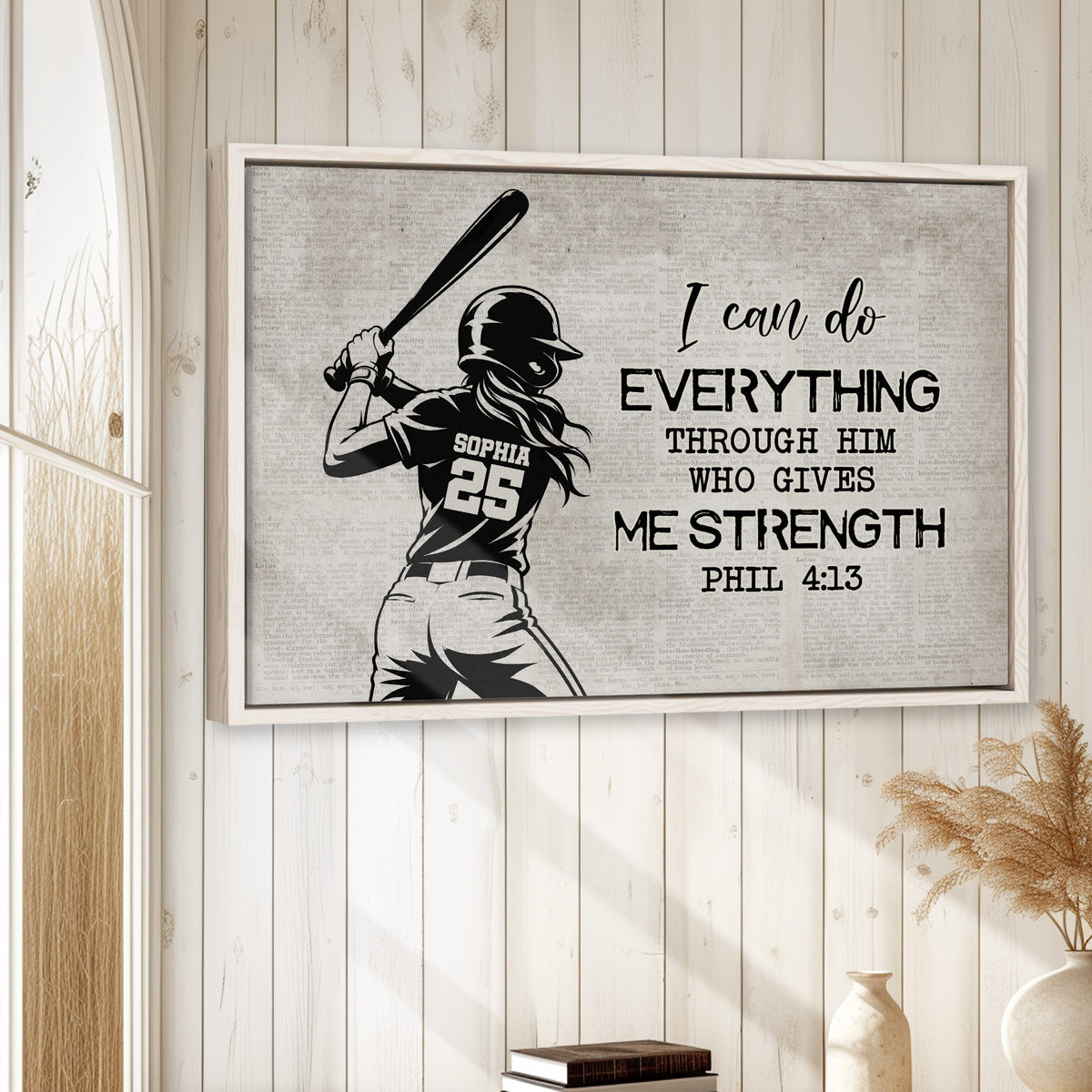 Softball wall art displayed on a light wood-paneled wall in a bright home decor setting