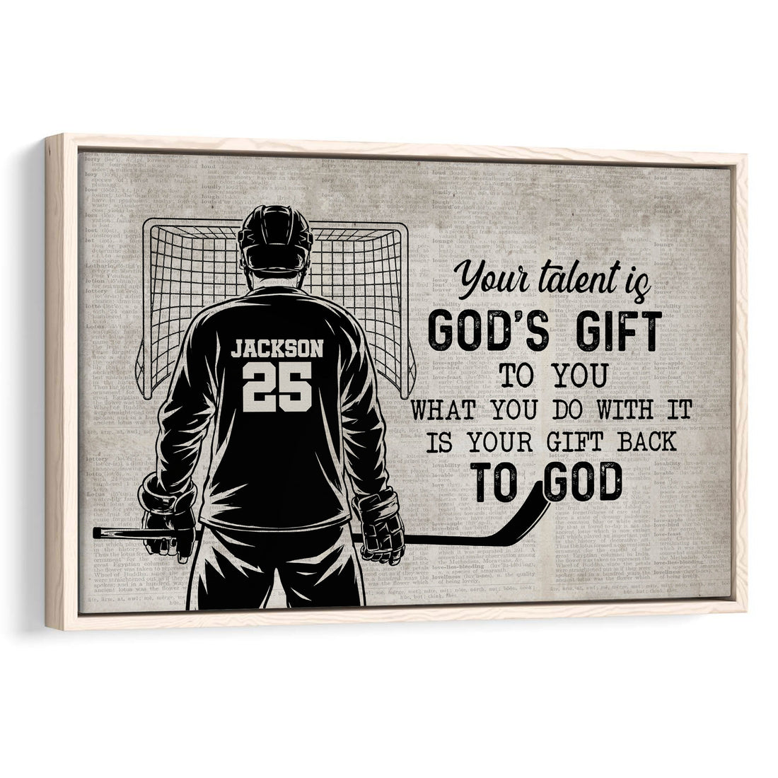 Framed hockey wall art showing a goalie in front of a net with an inspirational faith-based message