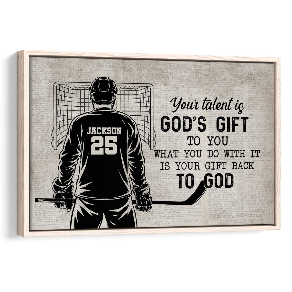 Framed hockey wall art showing a goalie in front of a net with an inspirational faith-based message