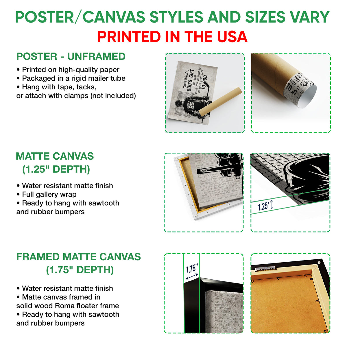 Poster and canvas wall art options guide showing unframed poster, matte canvas, and framed canvas formats