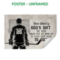 Unframed hockey poster featuring a goalie and net with a vintage dictionary-page background